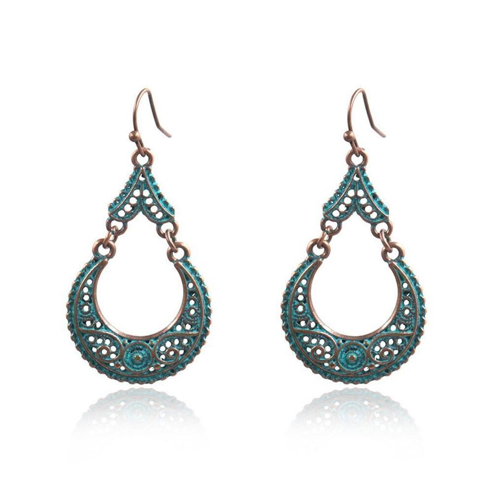 Bohemian Style Filigree Bronze Teal Blue Teardrop Pierced Dangle Earrings